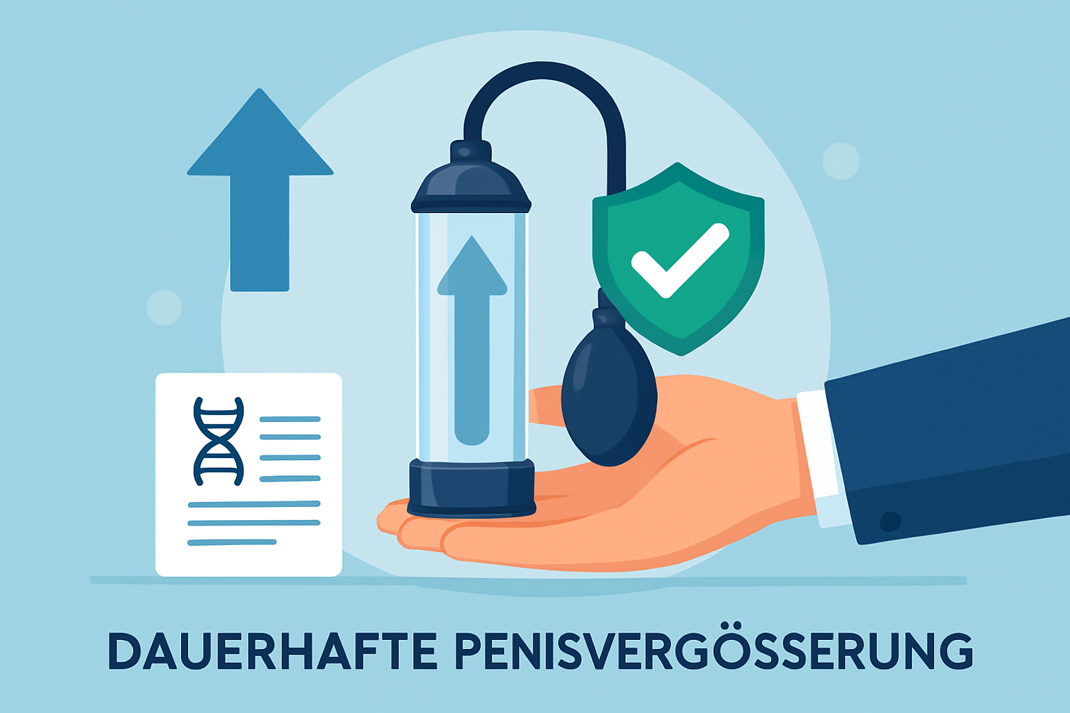 Mann hält Penispumpe und misst Penis mit Maßband - realistische Darstellung von Penisvergröserung